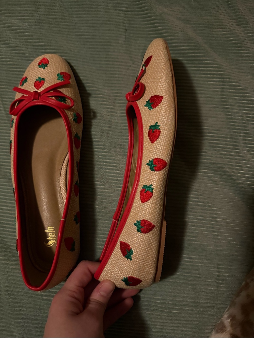 SHEIN Straw-Texture Ballet Flats with Red Strawberry Embroidery